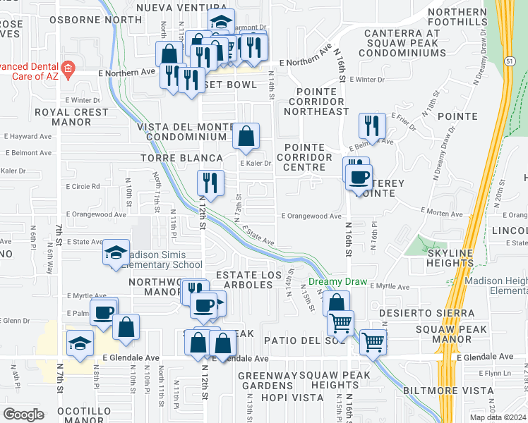 map of restaurants, bars, coffee shops, grocery stores, and more near 1326 East Vista Avenue in Phoenix