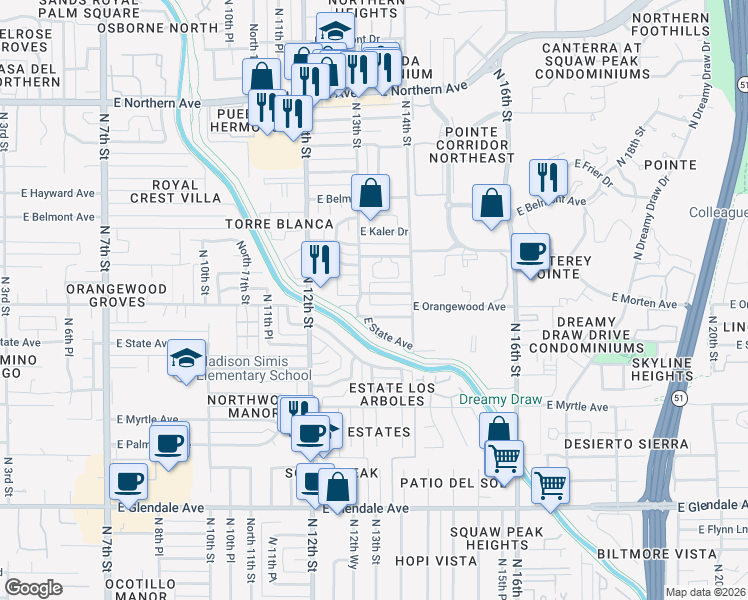 map of restaurants, bars, coffee shops, grocery stores, and more near 1301 East Vista Drive in Phoenix