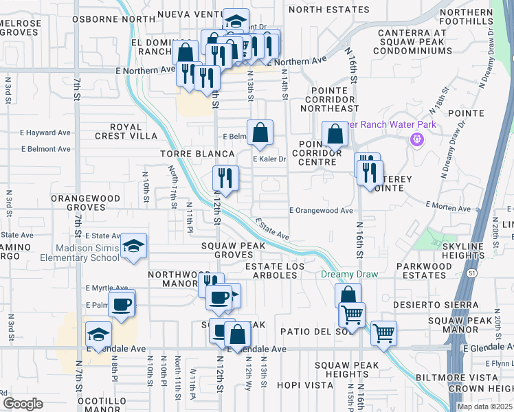 map of restaurants, bars, coffee shops, grocery stores, and more near 7512 North 13th Street in Phoenix