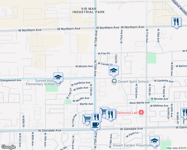 map of restaurants, bars, coffee shops, grocery stores, and more near 7508 West Orangewood Avenue in Glendale