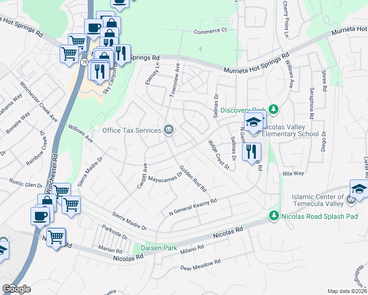 map of restaurants, bars, coffee shops, grocery stores, and more near 30398 Ambercorn Drive in Murrieta
