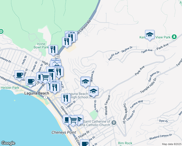 map of restaurants, bars, coffee shops, grocery stores, and more near 554 Vista Lane in Laguna Beach