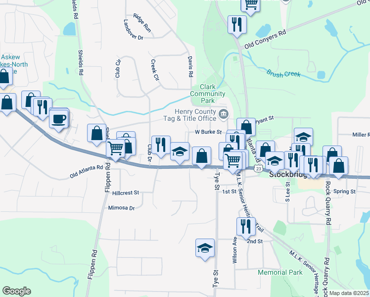 map of restaurants, bars, coffee shops, grocery stores, and more near 105 Oak Hill Circle in Stockbridge