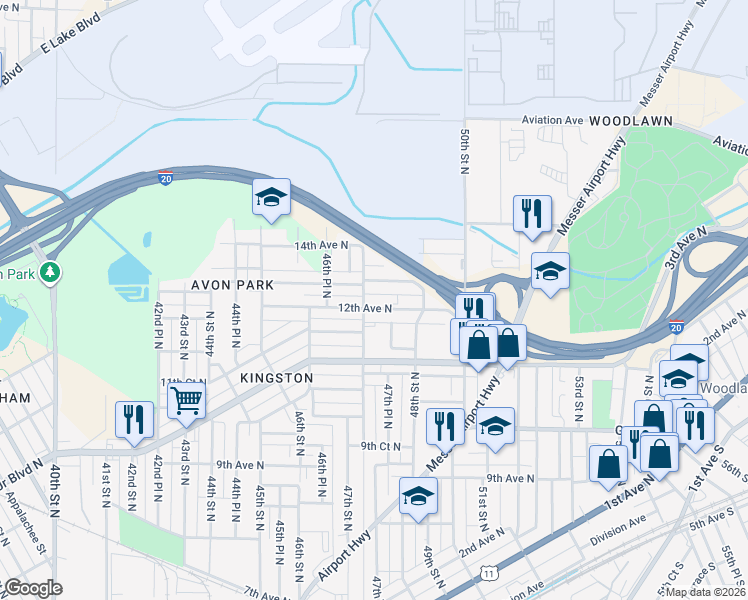 map of restaurants, bars, coffee shops, grocery stores, and more near 1228 47th Street North in Birmingham