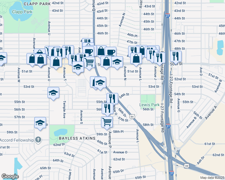 map of restaurants, bars, coffee shops, grocery stores, and more near 5301 Avenue Q in Lubbock