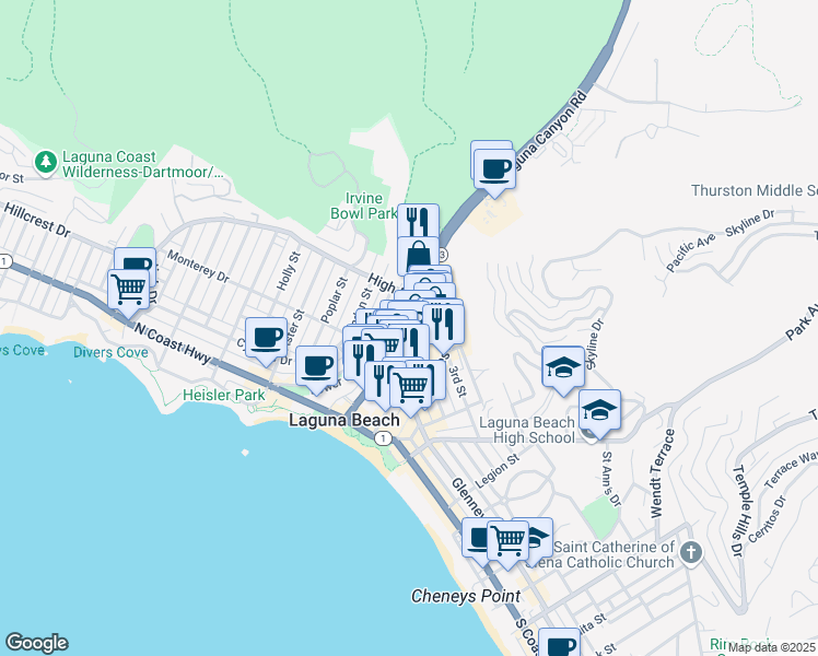 map of restaurants, bars, coffee shops, grocery stores, and more near 410 Broadway Street in Laguna Beach