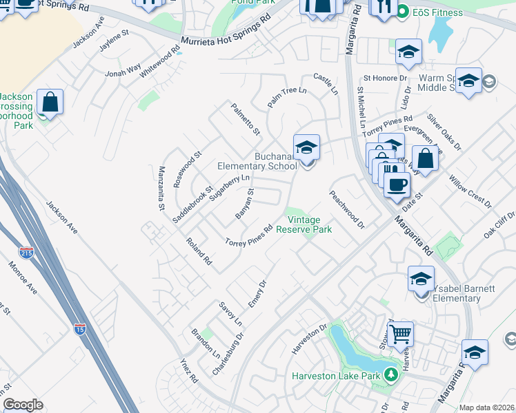 map of restaurants, bars, coffee shops, grocery stores, and more near 40205 Grenache Court in Murrieta