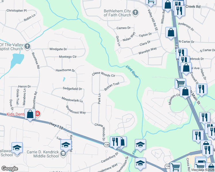 map of restaurants, bars, coffee shops, grocery stores, and more near 7638 Park Lane in Jonesboro