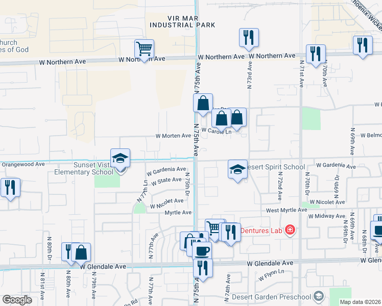 map of restaurants, bars, coffee shops, grocery stores, and more near 7508 West Orangewood Avenue in Glendale