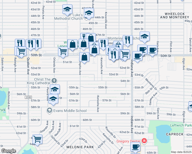 map of restaurants, bars, coffee shops, grocery stores, and more near 5305 Louisville Avenue in Lubbock