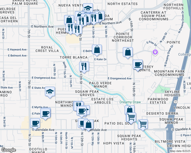 map of restaurants, bars, coffee shops, grocery stores, and more near 7512 North 13th Street in Phoenix