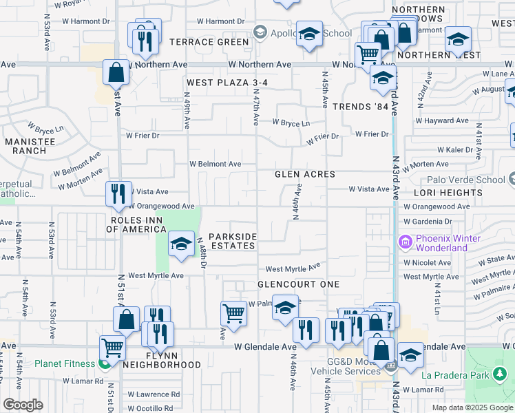 map of restaurants, bars, coffee shops, grocery stores, and more near N 47th Ave & W Orangewood Ave in Glendale