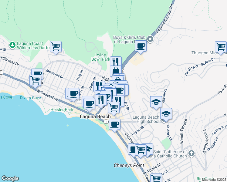 map of restaurants, bars, coffee shops, grocery stores, and more near 410 Broadway Street in Laguna Beach