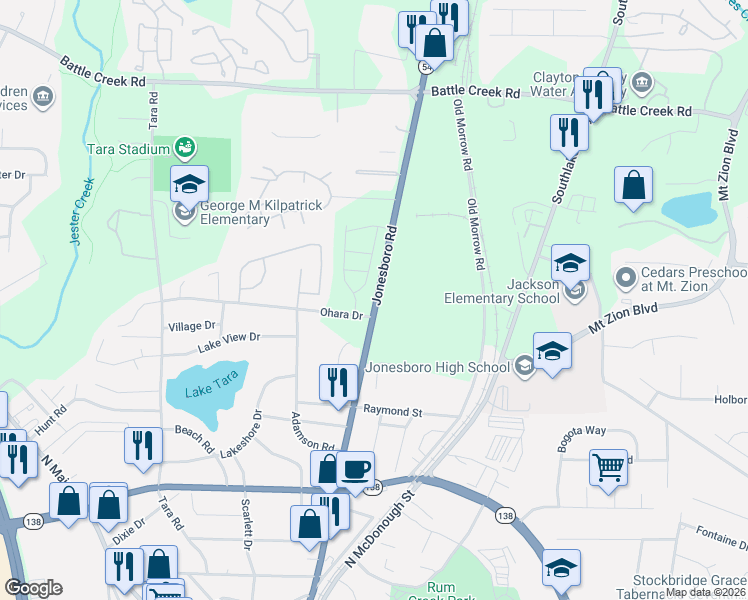 map of restaurants, bars, coffee shops, grocery stores, and more near 7601 Jonesboro Road in Jonesboro
