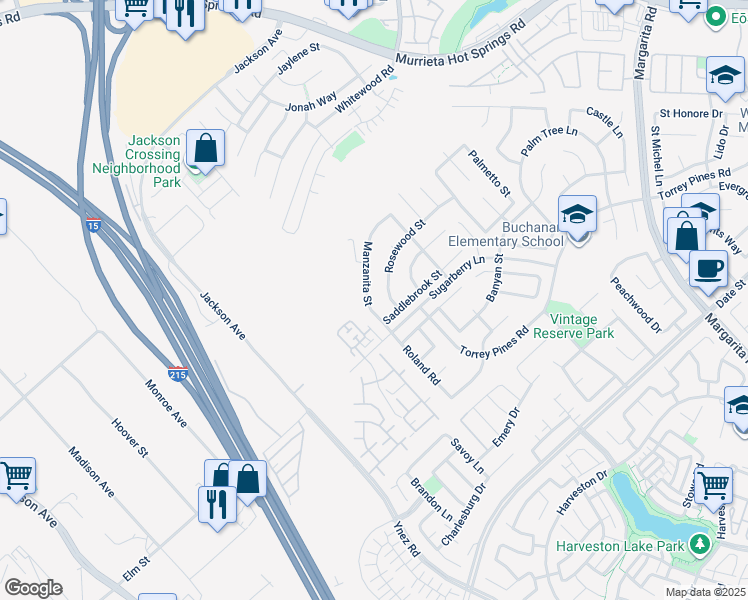 map of restaurants, bars, coffee shops, grocery stores, and more near 26186 Manzanita Street in Murrieta