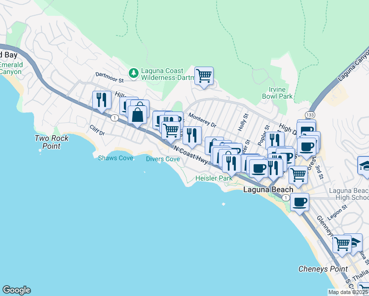 map of restaurants, bars, coffee shops, grocery stores, and more near 538 North Coast Highway in Laguna Beach