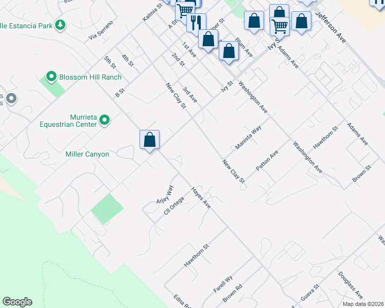 map of restaurants, bars, coffee shops, grocery stores, and more near 25070 Hayes Avenue in Murrieta