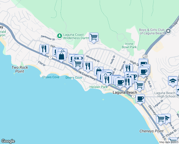 map of restaurants, bars, coffee shops, grocery stores, and more near 265 Myrtle Street in Laguna Beach