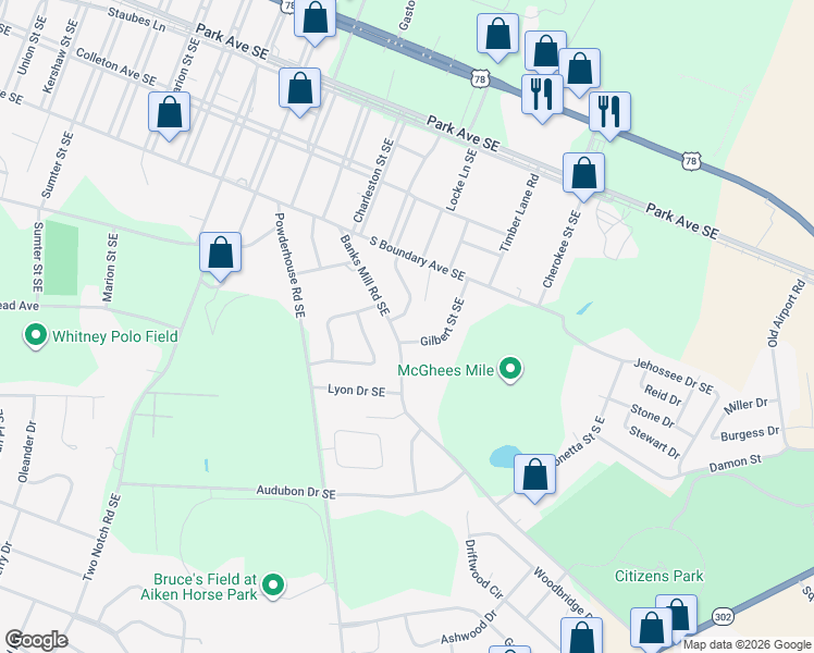 map of restaurants, bars, coffee shops, grocery stores, and more near 528 Banks Mill Road Southeast in Aiken