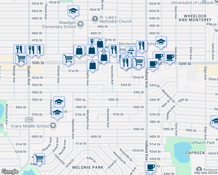 map of restaurants, bars, coffee shops, grocery stores, and more near 5302 Kenosha Avenue in Lubbock