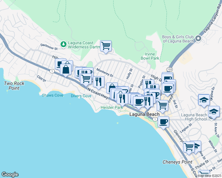 map of restaurants, bars, coffee shops, grocery stores, and more near 422 Cypress Drive in Laguna Beach