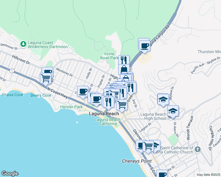 map of restaurants, bars, coffee shops, grocery stores, and more near 109 Cypress Drive in Laguna Beach