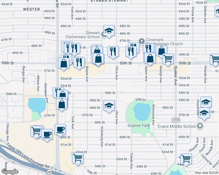 map of restaurants, bars, coffee shops, grocery stores, and more near 4807 53rd Street in Lubbock