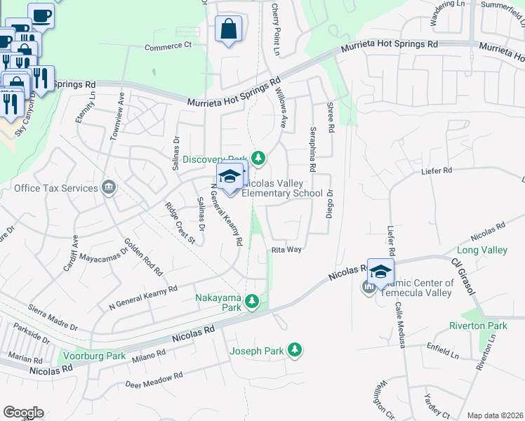 map of restaurants, bars, coffee shops, grocery stores, and more near 30723 Eastgate Parkway in Temecula