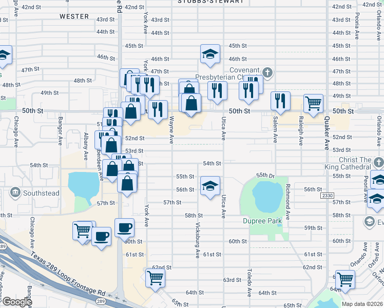 map of restaurants, bars, coffee shops, grocery stores, and more near 4825 53rd Street in Lubbock