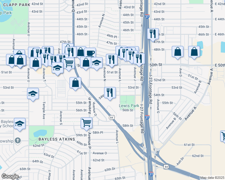 map of restaurants, bars, coffee shops, grocery stores, and more near 1311 53rd Street in Lubbock