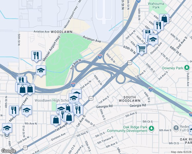 map of restaurants, bars, coffee shops, grocery stores, and more near 151 60th Street North in Birmingham