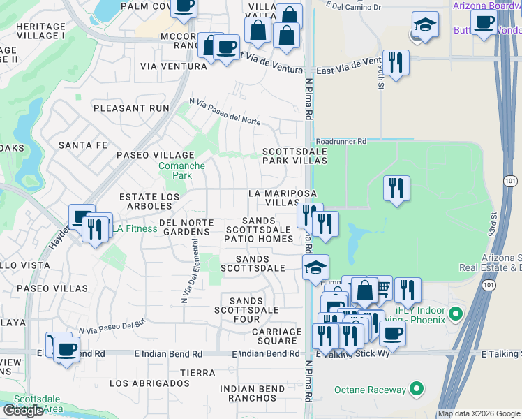 map of restaurants, bars, coffee shops, grocery stores, and more near 8657 East Vía Del Arbor in Scottsdale