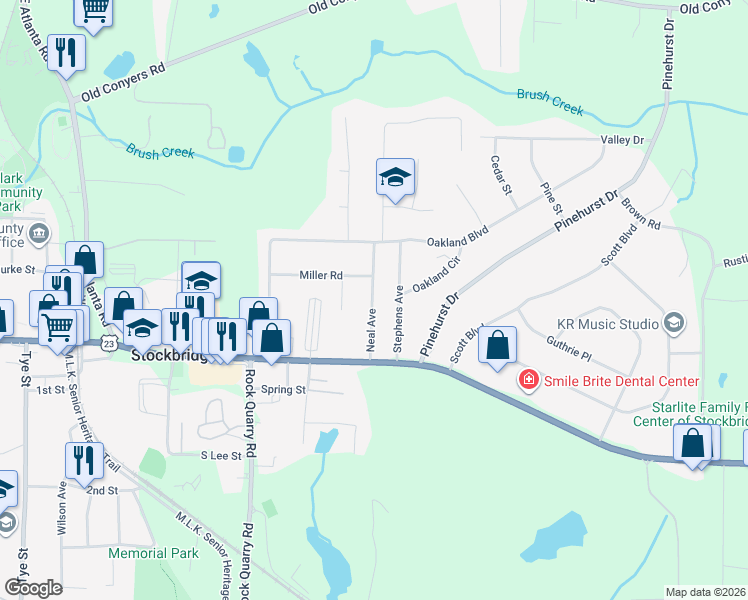 map of restaurants, bars, coffee shops, grocery stores, and more near 112 Neal Avenue in Stockbridge