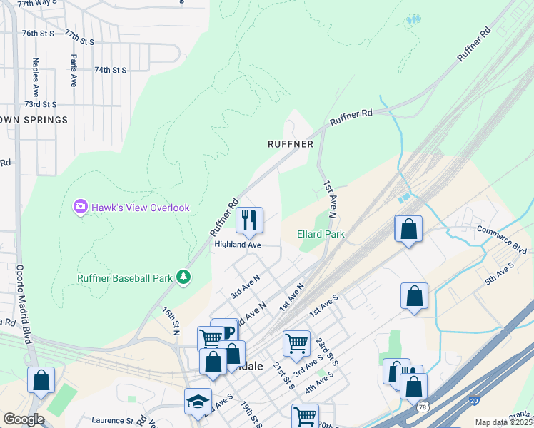 map of restaurants, bars, coffee shops, grocery stores, and more near 2318 Highview Court in Irondale