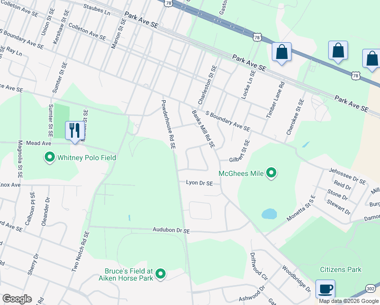 map of restaurants, bars, coffee shops, grocery stores, and more near 1455 Nottingham Drive Southeast in Aiken