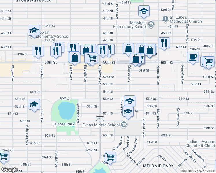 map of restaurants, bars, coffee shops, grocery stores, and more near 4309 53rd Street in Lubbock