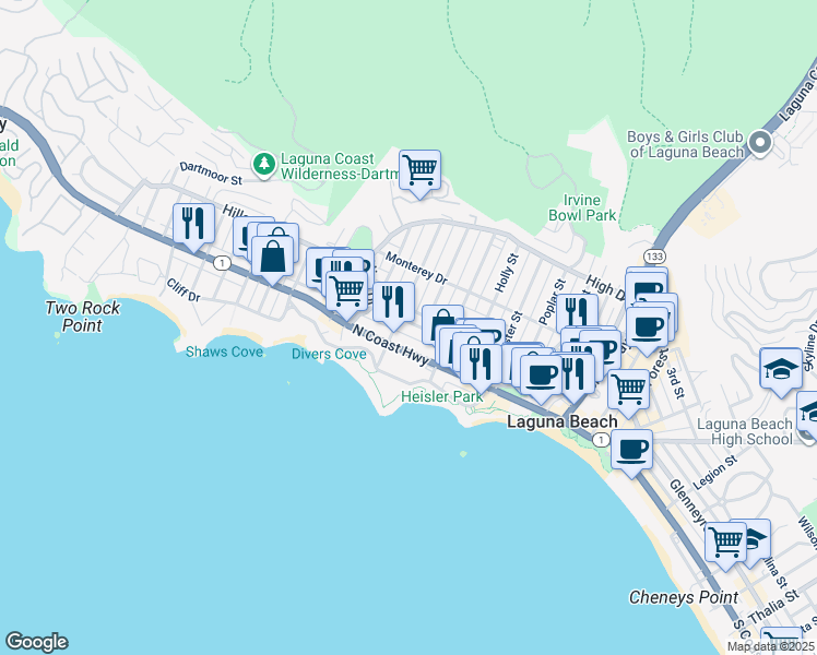 map of restaurants, bars, coffee shops, grocery stores, and more near 479 Cypress Drive in Laguna Beach