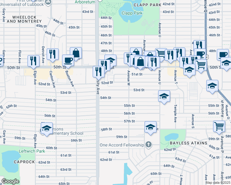 map of restaurants, bars, coffee shops, grocery stores, and more near 2315 53rd Street in Lubbock