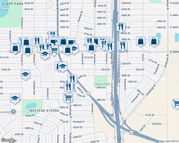 map of restaurants, bars, coffee shops, grocery stores, and more near 1311 53rd Street in Lubbock