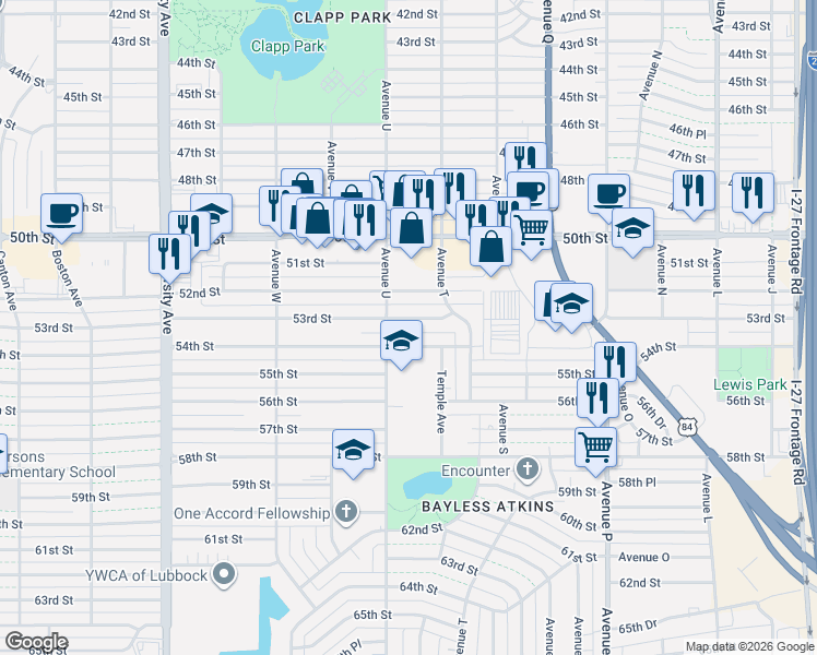 map of restaurants, bars, coffee shops, grocery stores, and more near 2011-2013 53rd Street in Lubbock