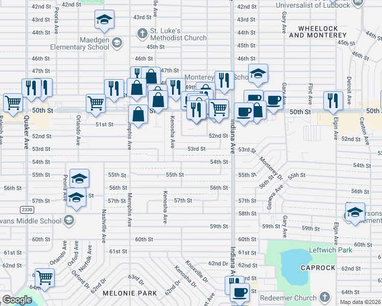 map of restaurants, bars, coffee shops, grocery stores, and more near 3435 53rd Street in Lubbock