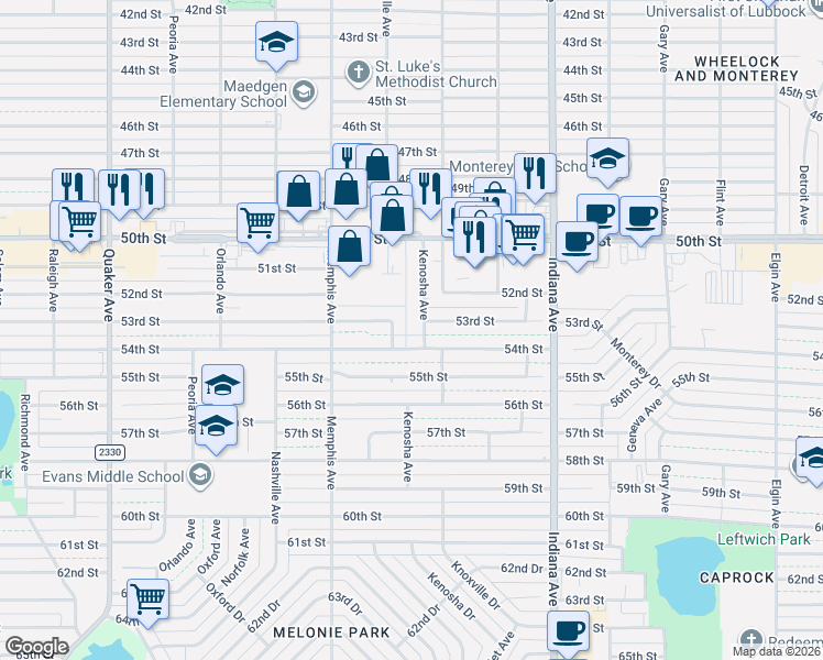 map of restaurants, bars, coffee shops, grocery stores, and more near 5302 Kenosha Avenue in Lubbock