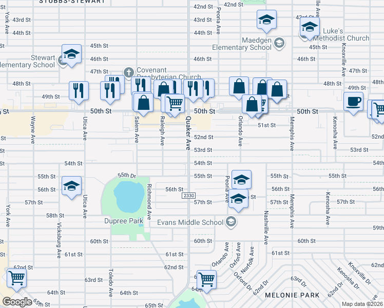map of restaurants, bars, coffee shops, grocery stores, and more near 4403 53rd Street in Lubbock