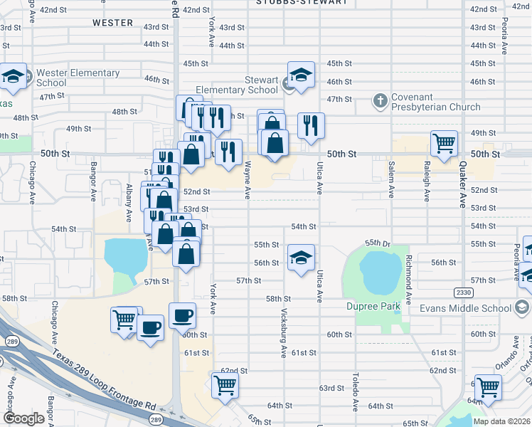 map of restaurants, bars, coffee shops, grocery stores, and more near 4835 53rd Street in Lubbock