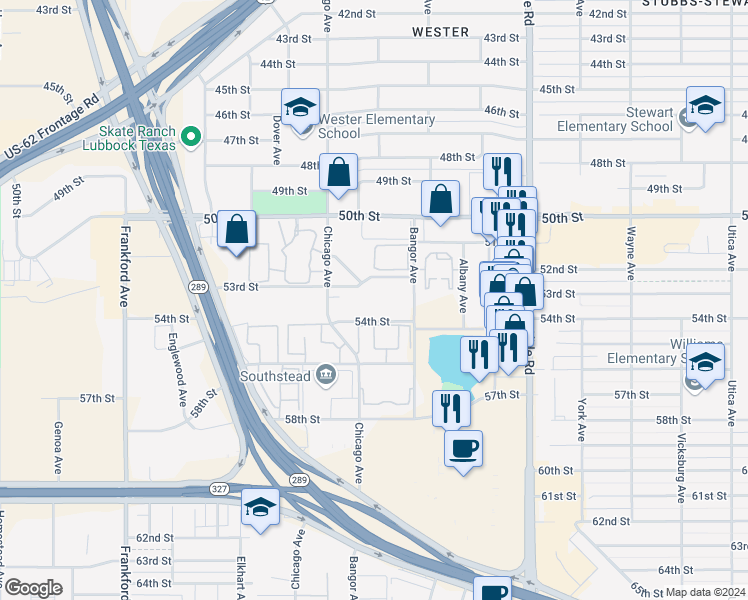 map of restaurants, bars, coffee shops, grocery stores, and more near 3 53rd Street in Lubbock