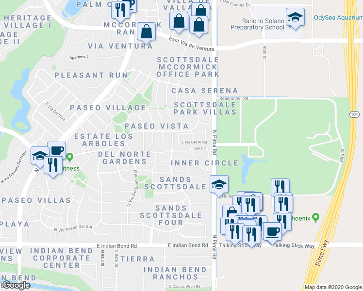 map of restaurants, bars, coffee shops, grocery stores, and more near 8657 East Vía Del Arbor in Scottsdale