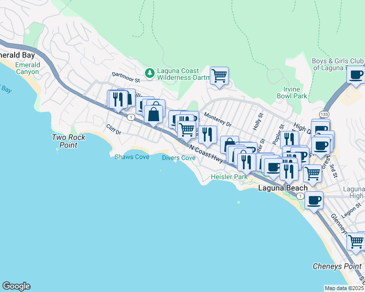 map of restaurants, bars, coffee shops, grocery stores, and more near 590 North Coast Highway in Laguna Beach