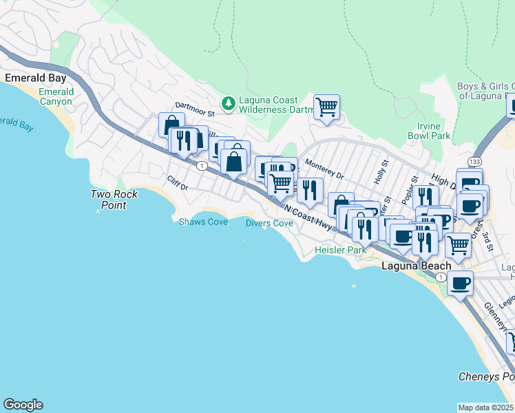 map of restaurants, bars, coffee shops, grocery stores, and more near 678 Cliff Drive in Laguna Beach