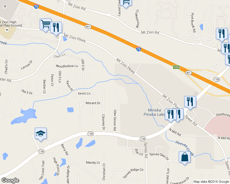 map of restaurants, bars, coffee shops, grocery stores, and more near 7619 Glen Devon Road in Jonesboro
