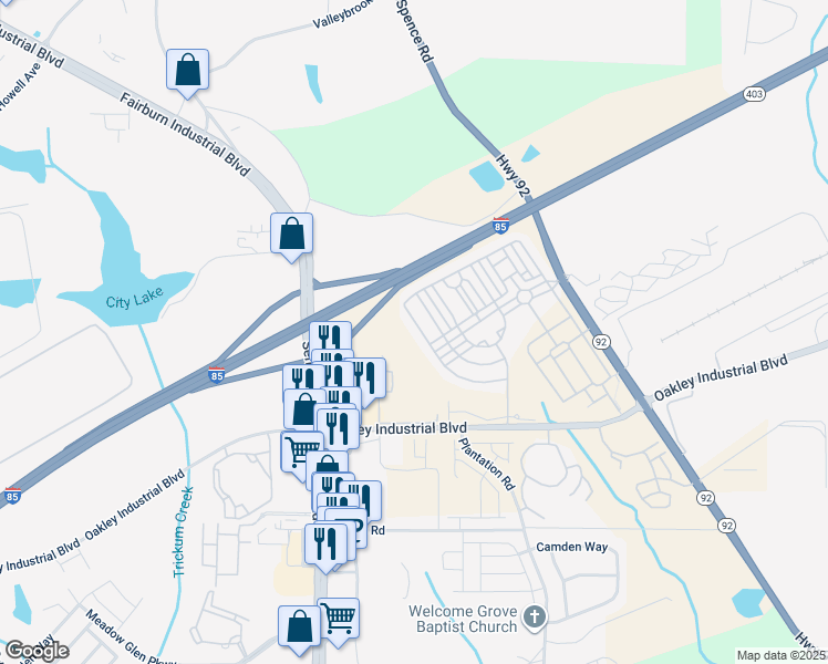 map of restaurants, bars, coffee shops, grocery stores, and more near 5722 Radford Loop in Fairburn